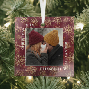 Married Snowflakes Photo on Cranberry Glass Tree Decoration