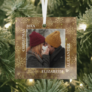 Married Snowflakes Photo on Gold Glass Tree Decoration