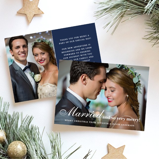 Married & So Merry Newlywed 2 Photo Christmas Blue Holiday Card (Creator Uploaded)