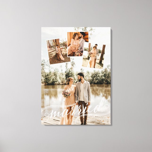 Married Swirly Script Wedding Photo Collage Canvas Print (Front)