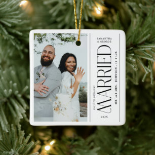 Married Wedding Photo Newlyweds Christmas Ceramic Ornament