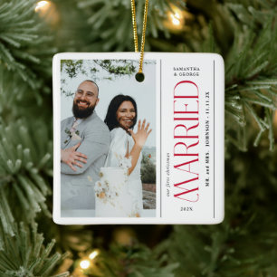 Married Wedding Photo Newlyweds Christmas Ceramic Ornament