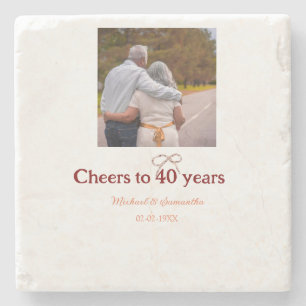 Marron bow cheers to 40 years anniversary wedding stone coaster
