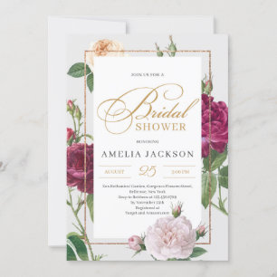 Marron floral blush pink roses bridal shower invitation