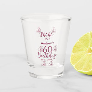 Marron white mauve shhhh 60th birthday floral name shot glass