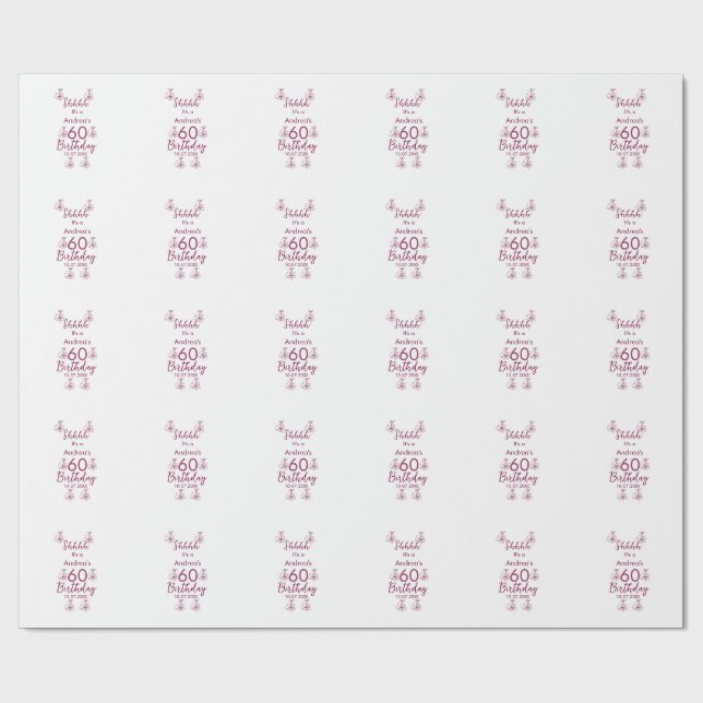 Marron white mauve shhhh 60th birthday floral name wrapping paper (Flat)