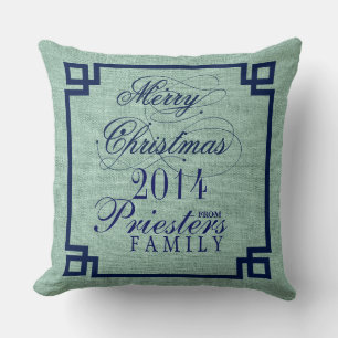 Marry Christmas Blue Text Sage-Green Linen Texture Cushion