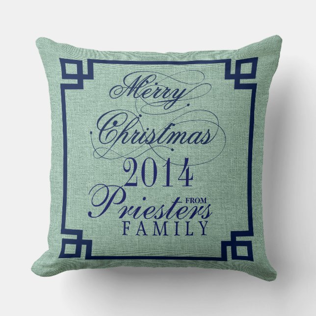 Marry Christmas Blue Text Sage-Green Linen Texture Cushion (Front)