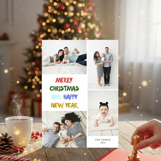 Marry Christmas & Happy New Year 4 Photo White Holiday Card (Creator Uploaded)