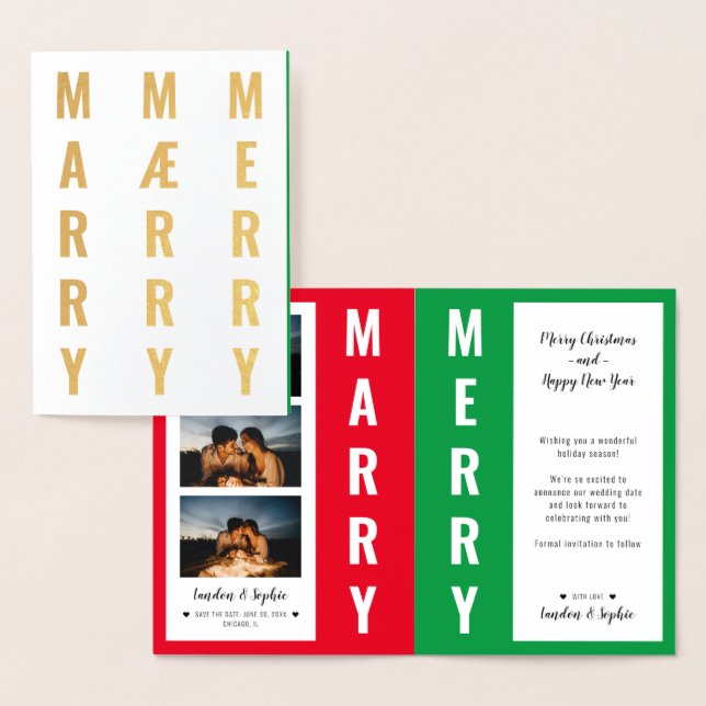 "MARRY MÆRRY MERRY" Christmas Save the Date Photo Foil Card (Display)