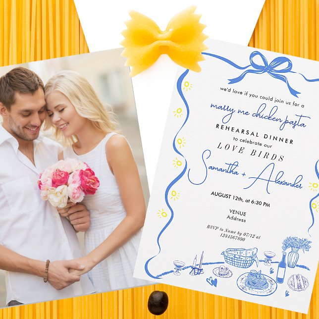 Marry Me Chicken Pasta B Wedding Rehearsal Dinner Invitation (Marry Me Chicken Pasta Blue Couple Engagement Italian Wedding Rehearsal Dinner Brunch Invitation )