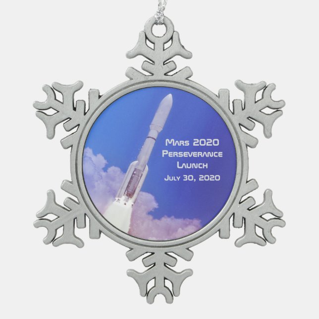 Mars 2020 Perseverance Launch Snowflake Pewter Christmas Ornament (Front)
