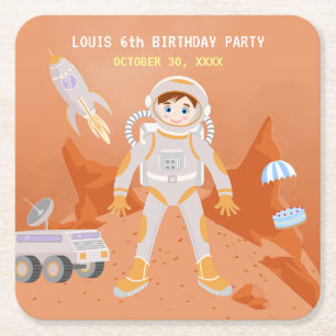 Mars astronaut boy themed birthday Party Square Paper Coaster