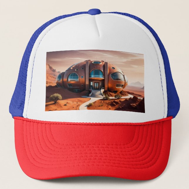 Mars Habitat Alpha – AI Sci-Fi Architecture Trucker Hat (Front)