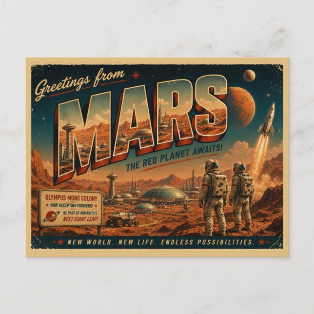 Mars Retro Sci-Fi Postcard | Vintage Red Planet  (Front)