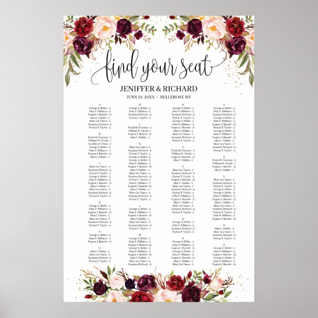 Marsala alphabetical blush burgundy seating chart (Front)