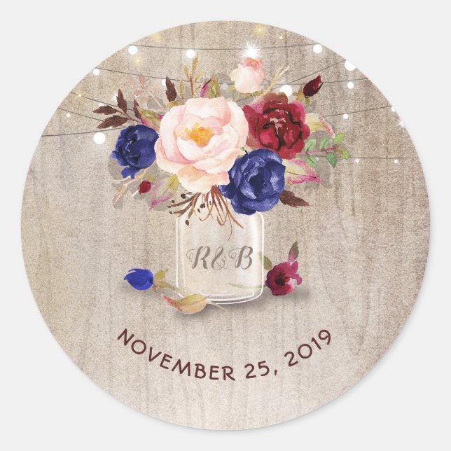 Marsala and Blue Flowers Mason Jar Rustic Wedding Classic Round Sticker (Front)