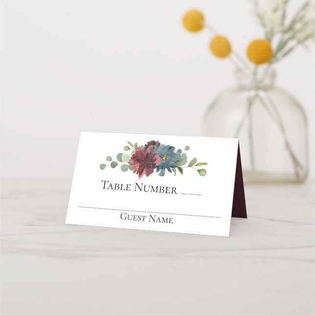 Marsala and Blue Watercolor Floral Wedding Place Card (Front)