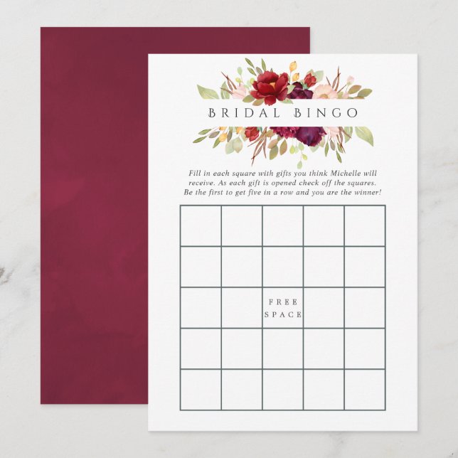 Marsala and Blush Floral Bridal Shower Bingo Invitation (Front/Back)