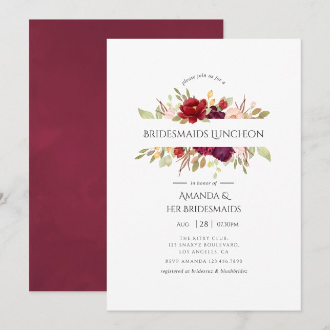 Marsala and Blush Floral Bridesmaids Luncheon Invitation (Front/Back)