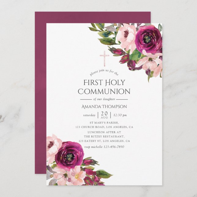 Marsala and Blush Floral First Communion Invitation (Front/Back)