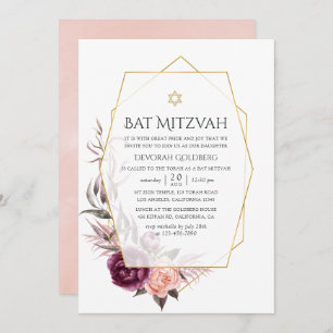 Marsala and Blush Floral Geometric Bat Mitzvah Invitation