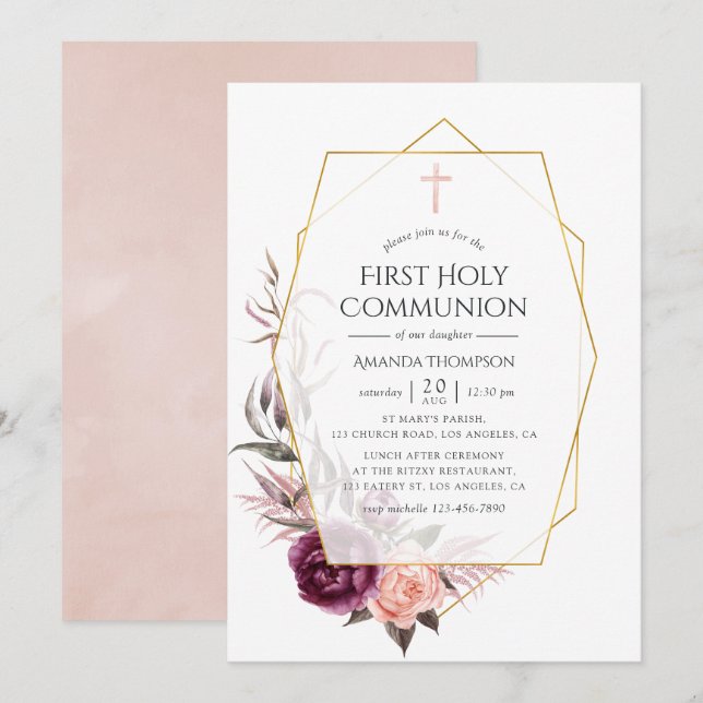 Marsala and Blush Floral Geometric First Communion Invitation (Front/Back)