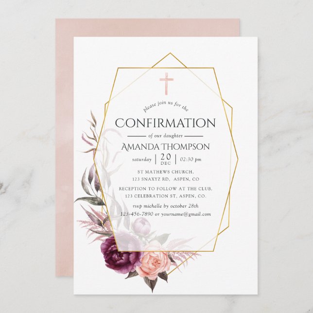 Marsala and Blush Floral Geometric First Communion Invitation (Front/Back)