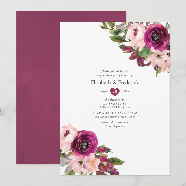 Marsala and Blush Floral Wedding Engagement Party Invitation (Front/Back)