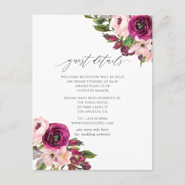 Marsala and Blush Floral Wedding Guest Details Enclosure Card (Front)