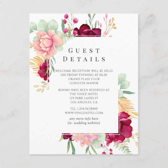 Marsala and Blush Floral Wedding Guest Details Enclosure Card (Front)