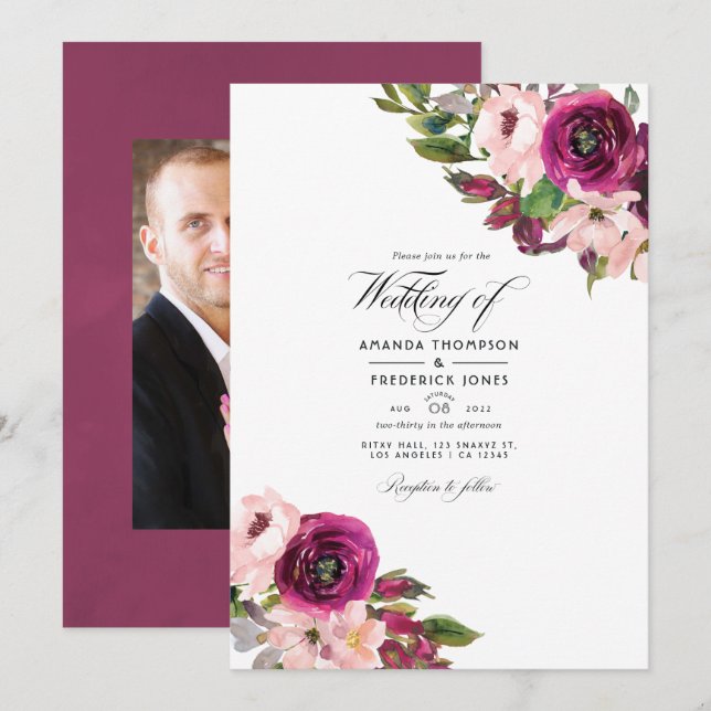 Marsala and Blush Floral Wedding Photo Invitation (Front/Back)