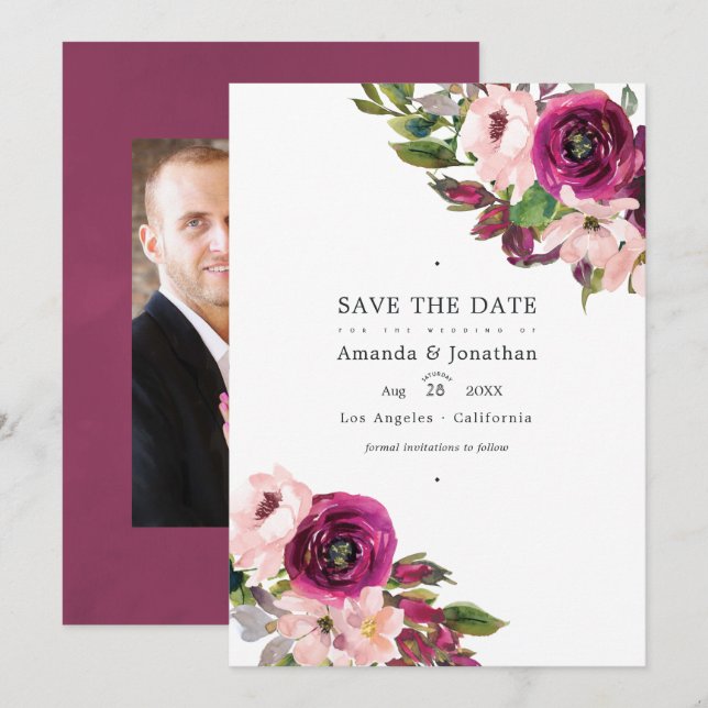 Marsala and Blush Floral Wedding Photo Save The Date (Front/Back)