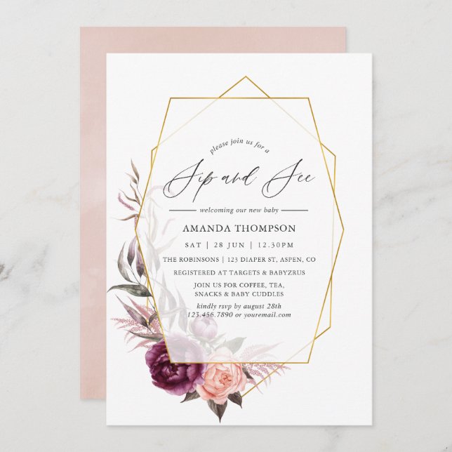 Marsala and Blush Geometric Sip and See Party Invitation (Front/Back)