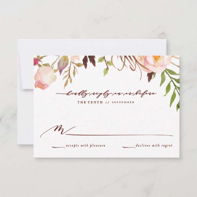 Marsala and Gold Boho Garden Wedding Reply Card (Front)