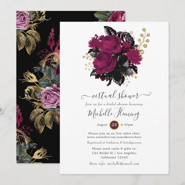 Marsala and Gold Floral Virtual Shower Invitation (Front/Back)