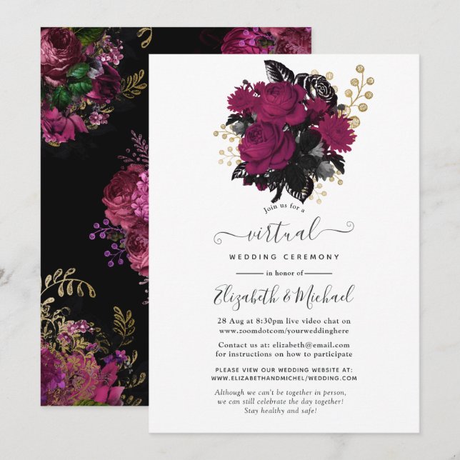 Marsala and Gold Floral Virtual Wedding Invitation (Front/Back)