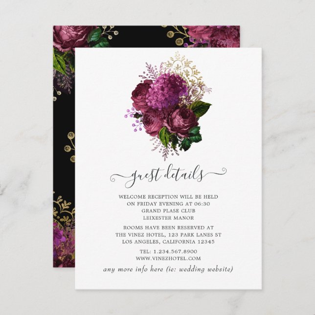 Marsala and Gold Floral Wedding Guest Details Enclosure Card (Front/Back)