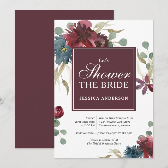 Marsala and Navy Floral Bridal Shower Invitation (Front/Back)