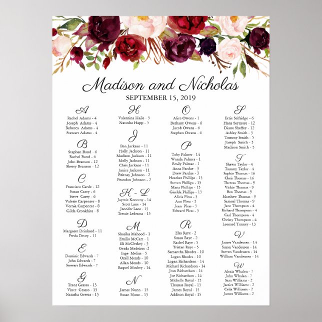Marsala and Pink Floral Alphabetical Seating Chart (Front)