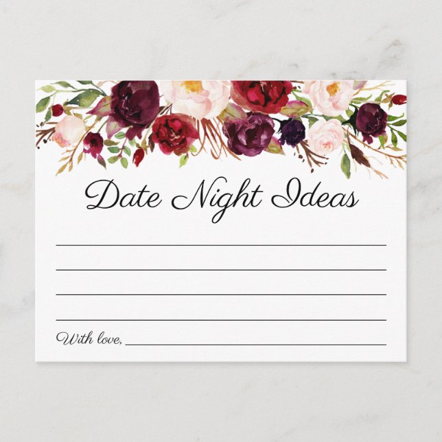 Marsala and Pink Floral Date Night Ideas Cards (Front)