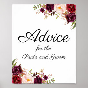 Marsala and Pink Floral Wedding Advice Sign Poster
