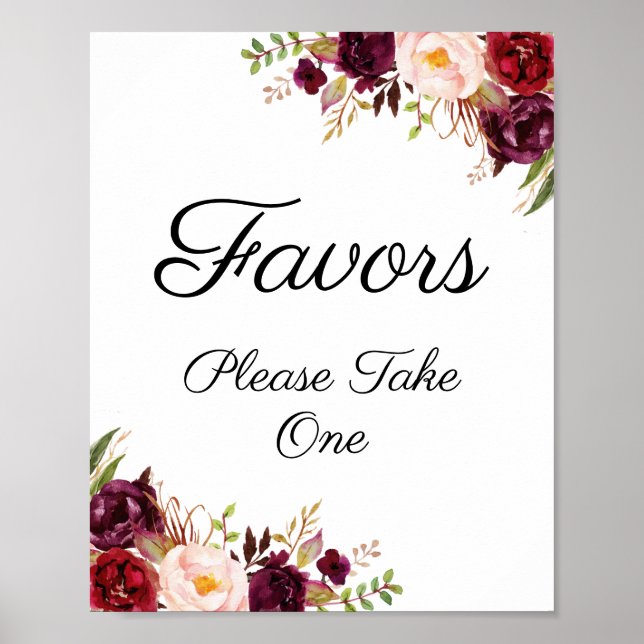 Marsala and Pink Floral Wedding Favours Sign (Front)
