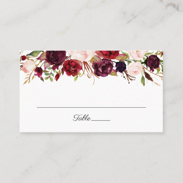 Marsala and Pink Floral Wedding Flat Place Cards (Front)