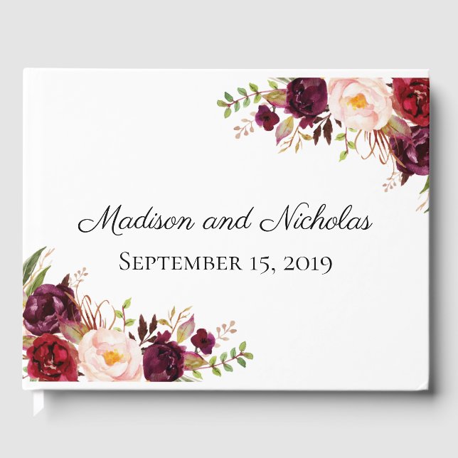 Marsala and Pink Floral Wedding Guest Book (Front)