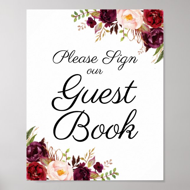 Marsala and Pink Floral Wedding Guest Book Sign (Front)