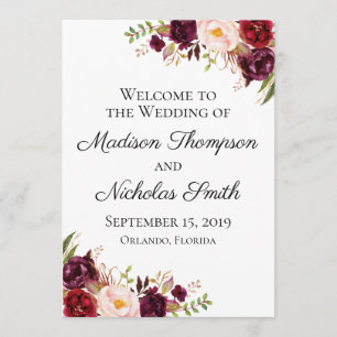 Marsala and Pink Floral Wedding Program Cards