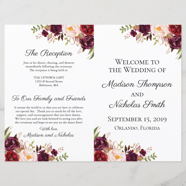 Marsala and Pink Floral Wedding Programs (Front)