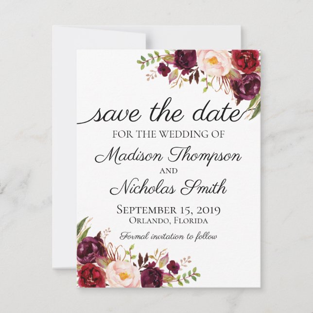 Marsala and Pink Floral Wedding Save The Date Card (Front)