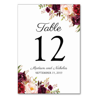 Marsala and Pink Floral Wedding Table Number Cards